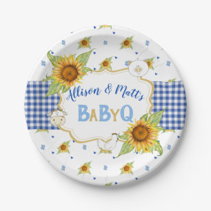 Assiettes En Carton Pays Fleur de Tournesol Gingham Bleu Bébé Q Barbeq