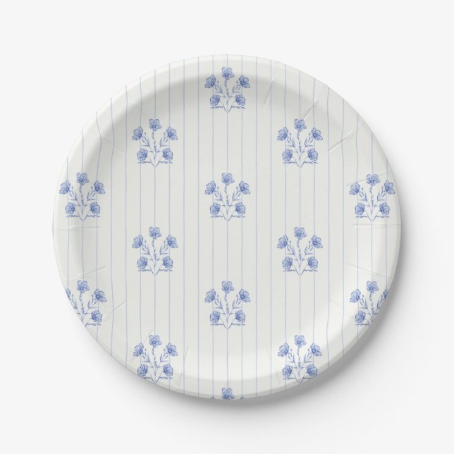 Assiettes En Carton Pays Français Bleu clair Fleur rayures (Devant)