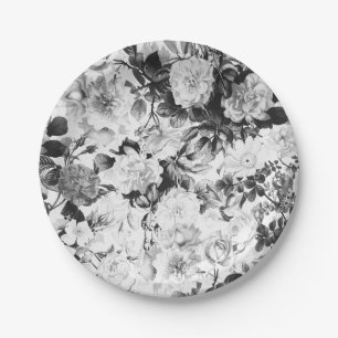 Assiettes En Carton Pays moderne blanc noir d'aquarelle floral