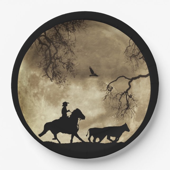 Assiettes En Carton Pays Western Cowboy et Moon (Devant)