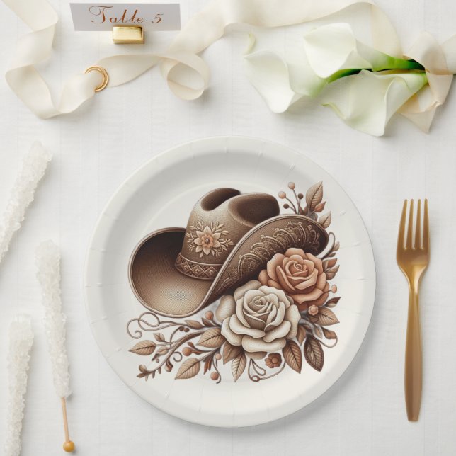Assiettes En Carton Pays Western Cowgirl Casquette avec fleurs (Mariage)