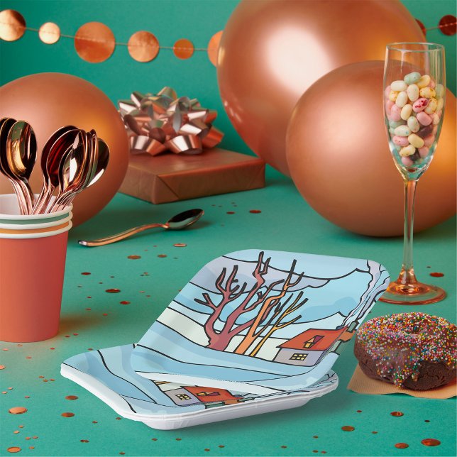 Assiettes En Carton Paysage de la maison d'hiver (Créateur téléchargé)
