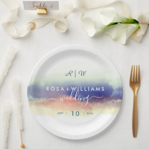 Assiettes En Carton paysage de monogramme de mariage à l'aquarelle bru