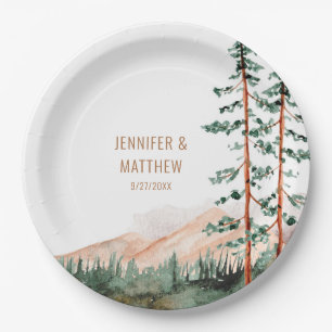 Assiettes En Carton Paysage de montagne rustique, brouillard, pins Mar