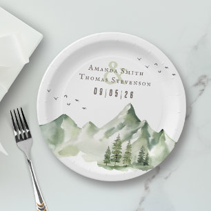 Assiettes En Carton Paysage de montagne vert serein élégant