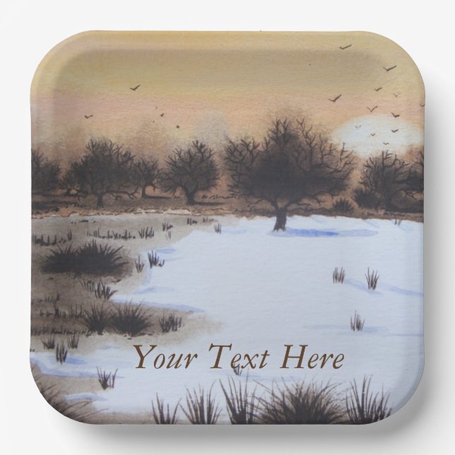 Assiettes En Carton Paysage de neige de Noël avec arbres enneigés (Recto)