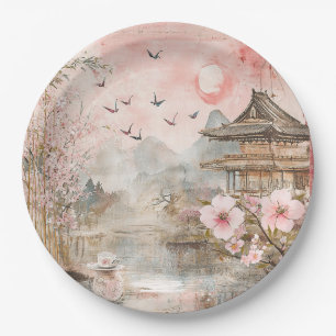 Assiettes En Carton Paysage de sérénité aux cerisiers en fleurs roses 