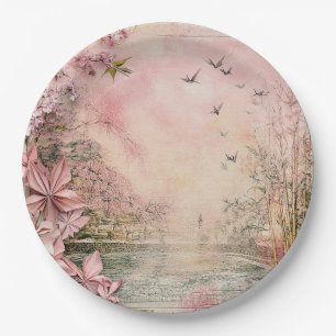 Assiettes En Carton Paysage de sérénité aux cerisiers en fleurs roses 