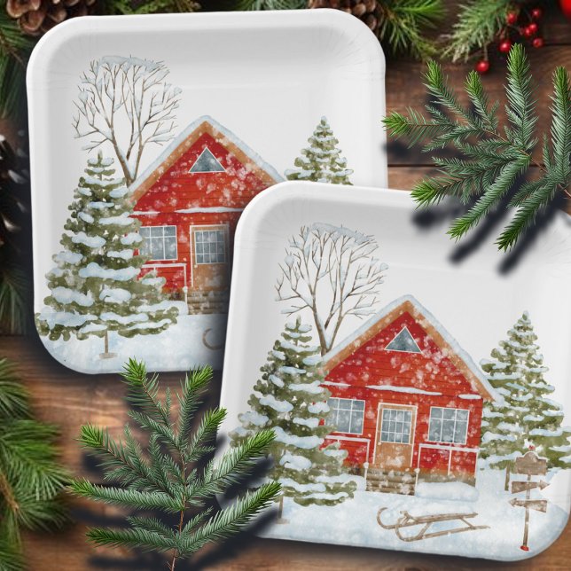 Assiettes En Carton Paysage d'hiver Maison rouge (Créateur téléchargé)