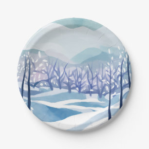 Assiettes En Carton Paysage d'hiver merveilleux Peinture à l'aquarelle