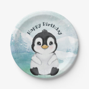 Assiettes En Carton Paysage hivernal adorable de Penguin Joyeux annive