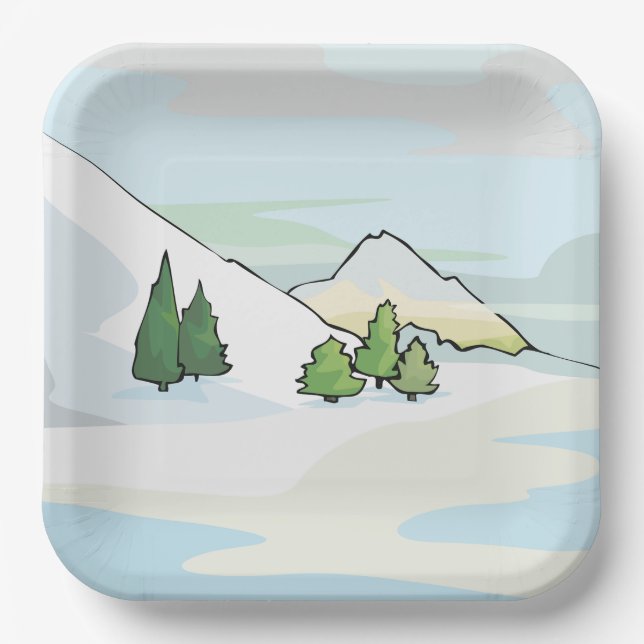 Assiettes En Carton Paysage hivernal alpin avec pins (Recto)