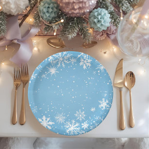 Assiettes En Carton Paysage hivernal flocon de neige bleu
