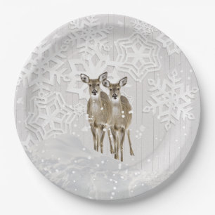 Assiettes En Carton Paysage hivernal Noël blanc avec cerfs 
