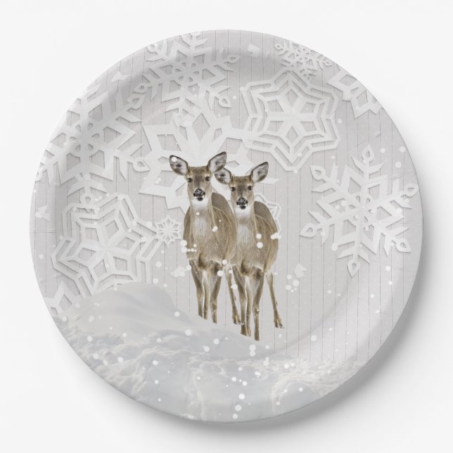 Assiettes En Carton Paysage hivernal Noël blanc avec cerfs  (Devant)