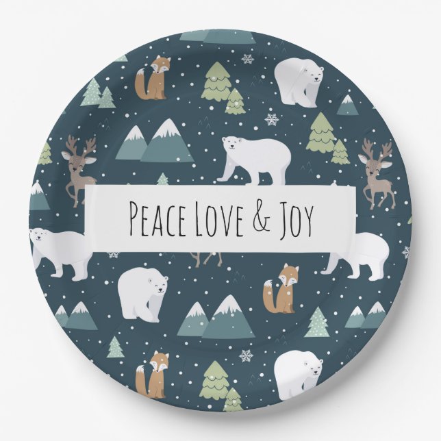 Assiettes En Carton Peace Love & Joy Christmas Animaux Motif (Devant)
