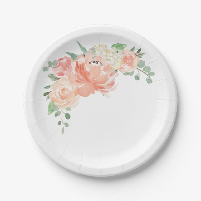Assiettes En Carton Peach et rose pastel Aquarelle Florale (Devant)