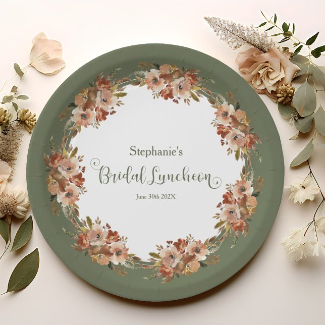Assiettes En Carton Peach Floral Wreath Sage Green Bridal Luncheon (Peach Watercolor Floral Wreath Sage Green Bridal Luncheon Paper Plates)
