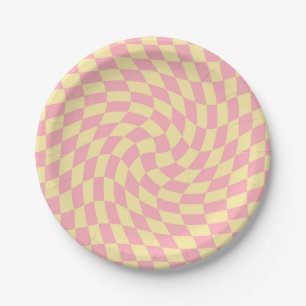 Assiettes En Carton Peach Peach Pink Checks Retro Crème Warped Checker