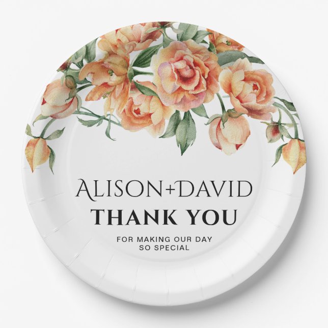 Assiettes En Carton Peach peony flowers and typography mariage (Devant)