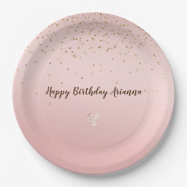 Assiettes En Carton Peach Pink Blush Gold Glitz Confetti Coeur étincel (Devant)