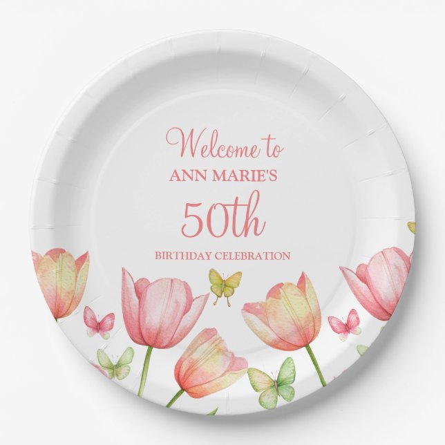 Assiettes En Carton Peachy Watercolor Tulips Floral  (Devant)