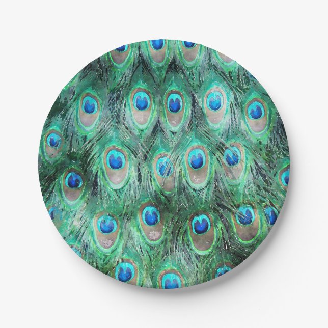 Assiettes En Carton Peacock Feathers Exotic Wild Watercolor Motif (Devant)