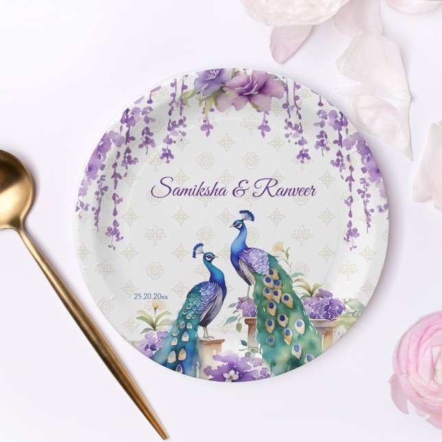 Assiettes En Carton Peacock fleurs violettes mariage indien vaisselle (Peacock purple flowers Indian wedding tableware personalized template Paper Plates)
