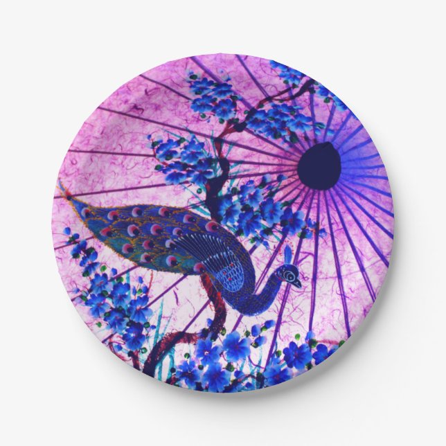 Assiettes En Carton Peacock oriental parasol japonais cerisier fleurs (Devant)