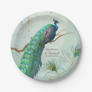 Assiettes En Carton Peacock sur la branche d'arbre Elégant look feuill