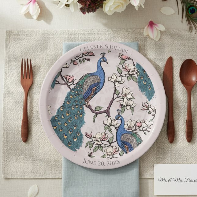 Assiettes En Carton Peacocks colorés rose pâle (Colorful Floral Peacock Blush Pink Wedding Plates for Bridal Shower, Anniversary. Elegant Peacock)