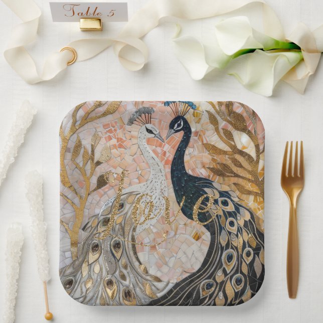 Assiettes En Carton Peacocks Gold Parties scintillant Love Blush Rose (Mariage)