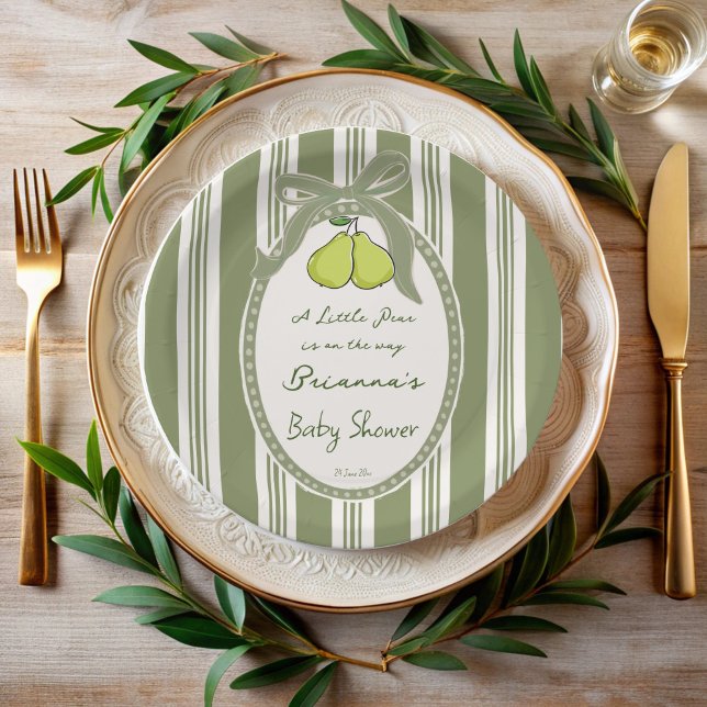 Assiettes En Carton Pear sage green retro stripes baby shower custom (Pear sage green retro stripes baby shower custom paper plates personalized table decor)