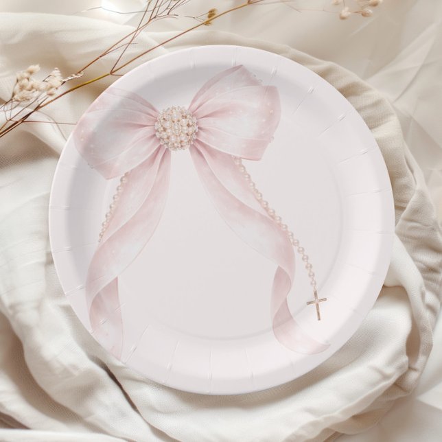 Assiettes En Carton Pearl Blush Pink Bow Gold Cross Baptism (Créateur téléchargé)