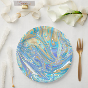 Assiettes En Carton Pearlescent Aqua & Gold en marbre liquide