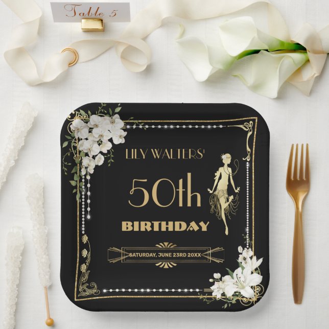 Assiettes En Carton Pearls White Floral Art Déco Gatsby 20s Anniversai (Mariage)