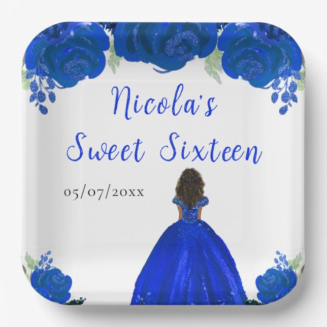 Assiettes En Carton Peau foncée Princesse Sweet sixteen Floral bleu (Recto)