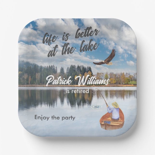 Assiettes En Carton Pêche à la retraite à l'aquarelle du lac (Recto)