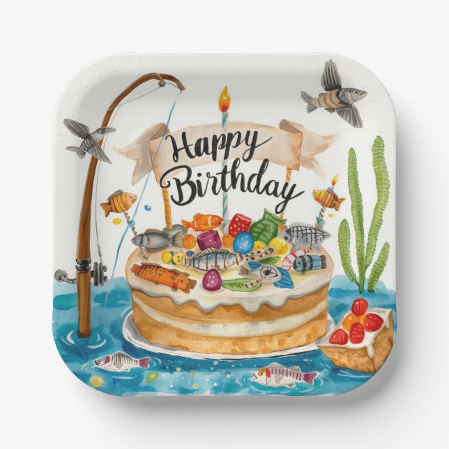 Assiettes En Carton Pêche Anniversaire à thème pour pêcheurs pêcheurs (Recto)