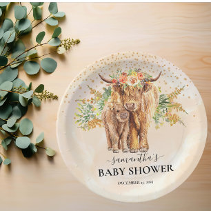 Assiettes En Carton Pêche Aquarelle Florale Highland Vache Vache Bébé