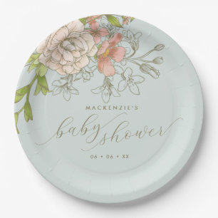 Assiettes En Carton Pêche botanique vintage et Baby shower floral bleu