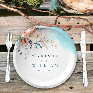 Assiettes En Carton Pêche élégante et aquarelle Turquoise