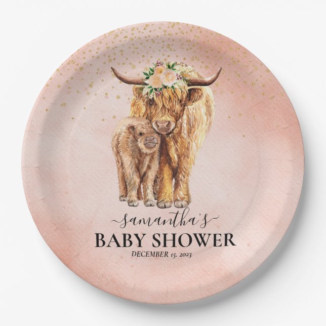 Assiettes En Carton Pêche Florale Highland Vache Baby shower de veau (Devant)