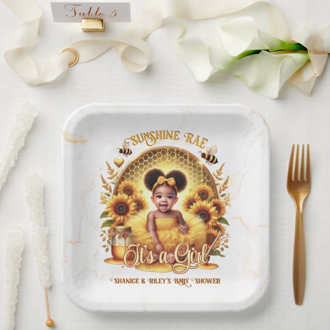 Assiettes En Carton Peigne de miel et tournesol mignonne Afro Puff Bab (Mariage)