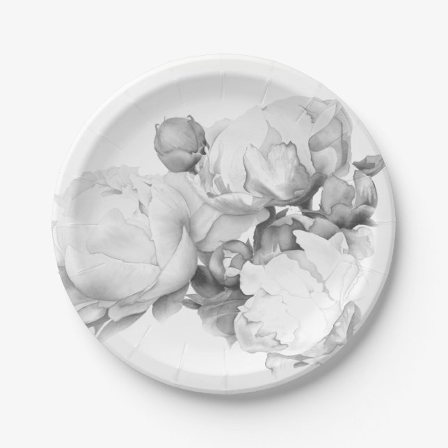 Assiettes En Carton Peine blanche noire élégante aquarelle florale art (Devant)