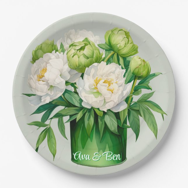 Assiettes En Carton Peine verte et blanche Mariage élégant (Devant)