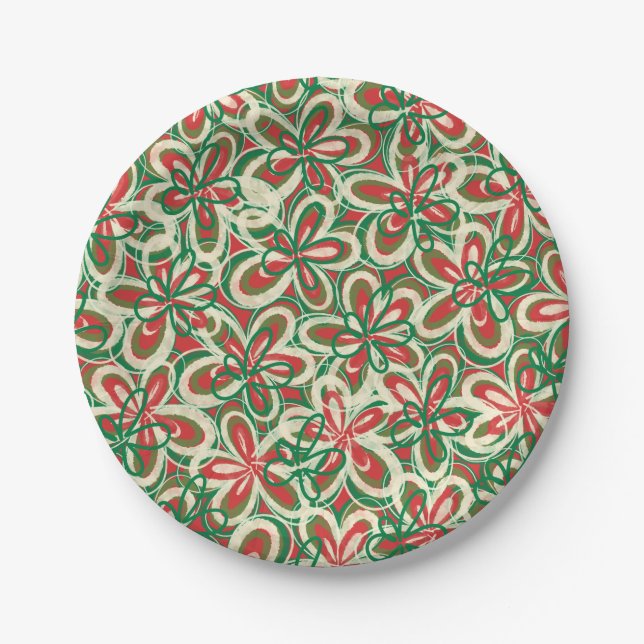 Assiettes En Carton Peint Noël rétro motif floral rouge vert rouge (Devant)