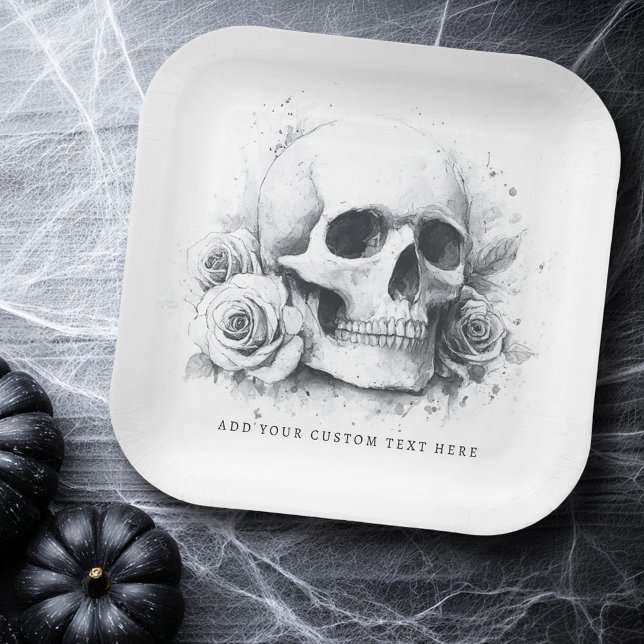 Assiettes En Carton Peinture aquarelle crâne avec roses (Skull with roses watercolor painting paper plates)