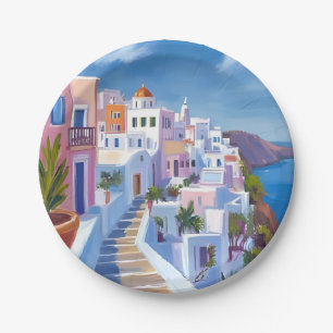Assiettes En Carton Peinture aquarelle de Santorin Grèce Voyage
