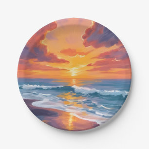 Assiettes En Carton Peinture aquarelle océan coucher de soleil plage